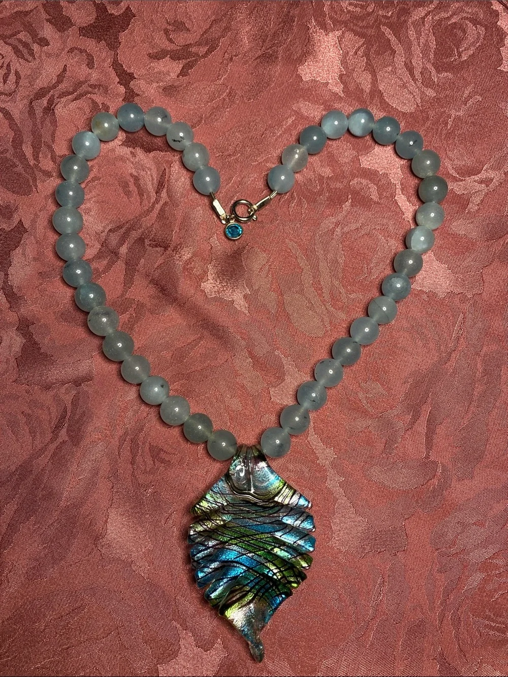 Blue Beaded Necklace with Dichroic Glass Leaf Pendant